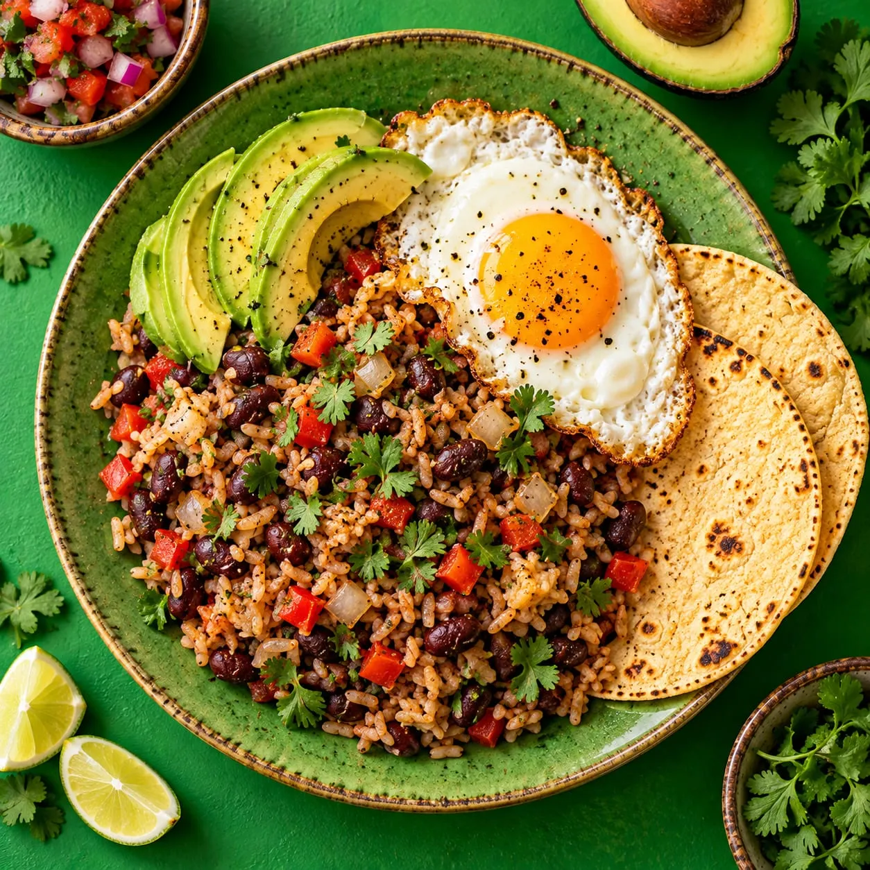 Gallo pinto se smaženým vejcem a avokádem