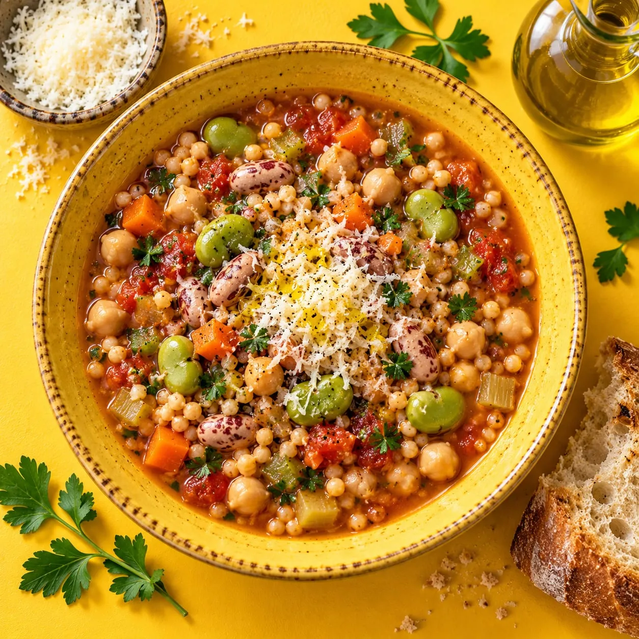 Hustá sardinská minestrone s fregolou, pecorinem a olivovým olejem