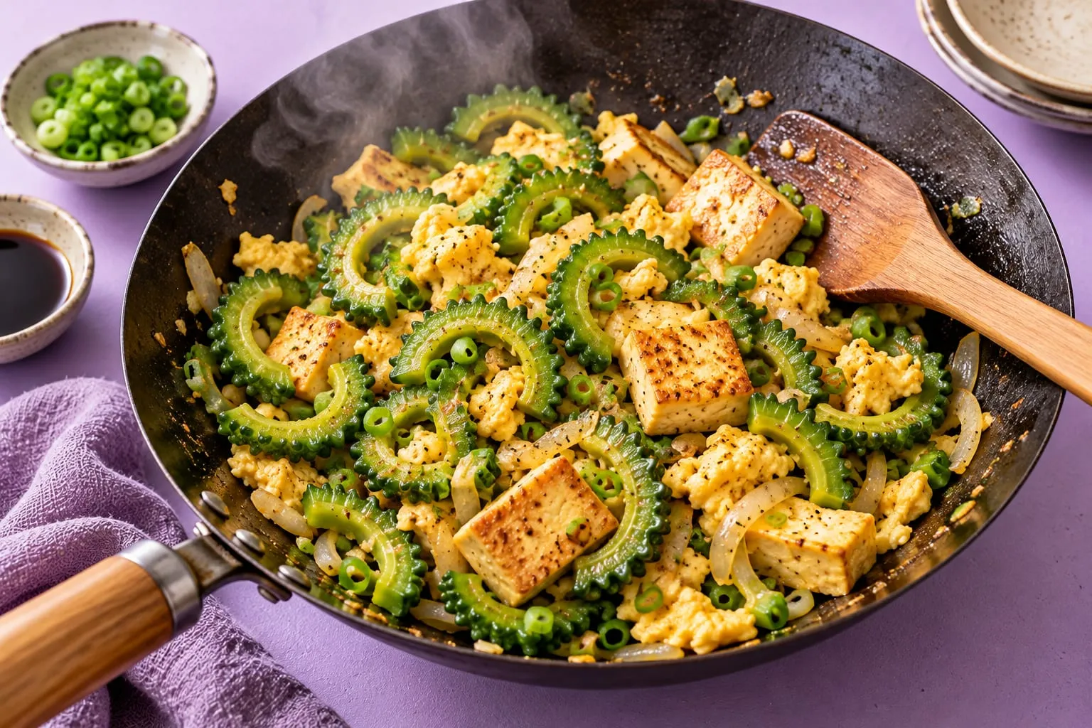 Goya a tofu se smaží na pánvi