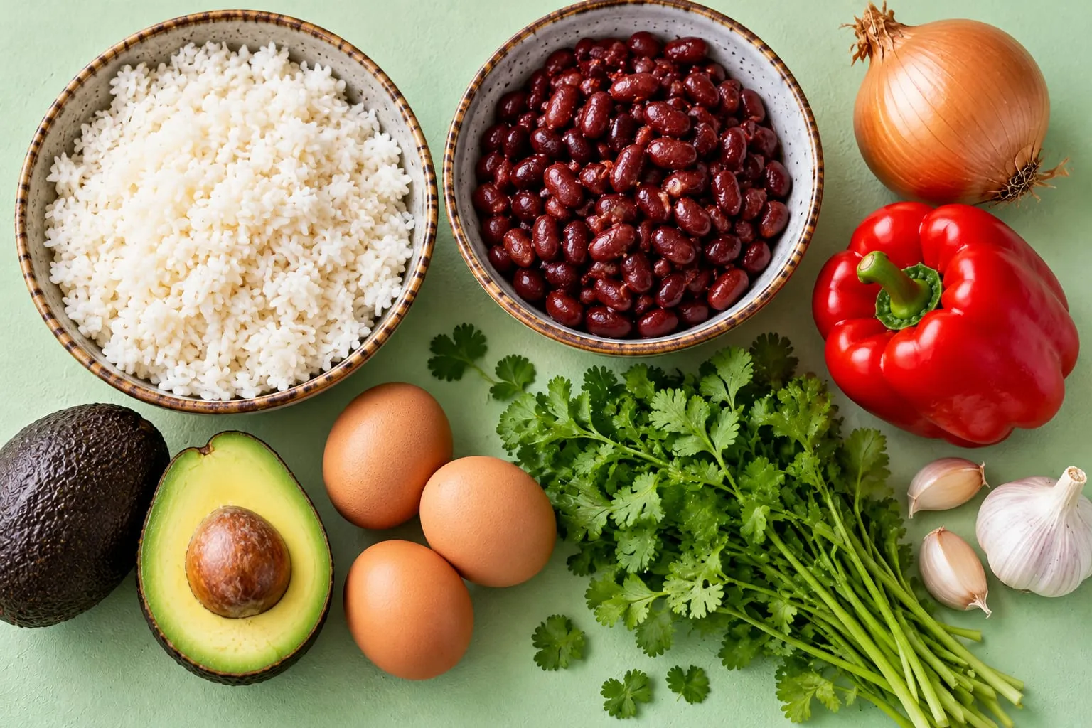 Suroviny na gallo pinto: rýže, fazole, cibule, paprika a koriandr