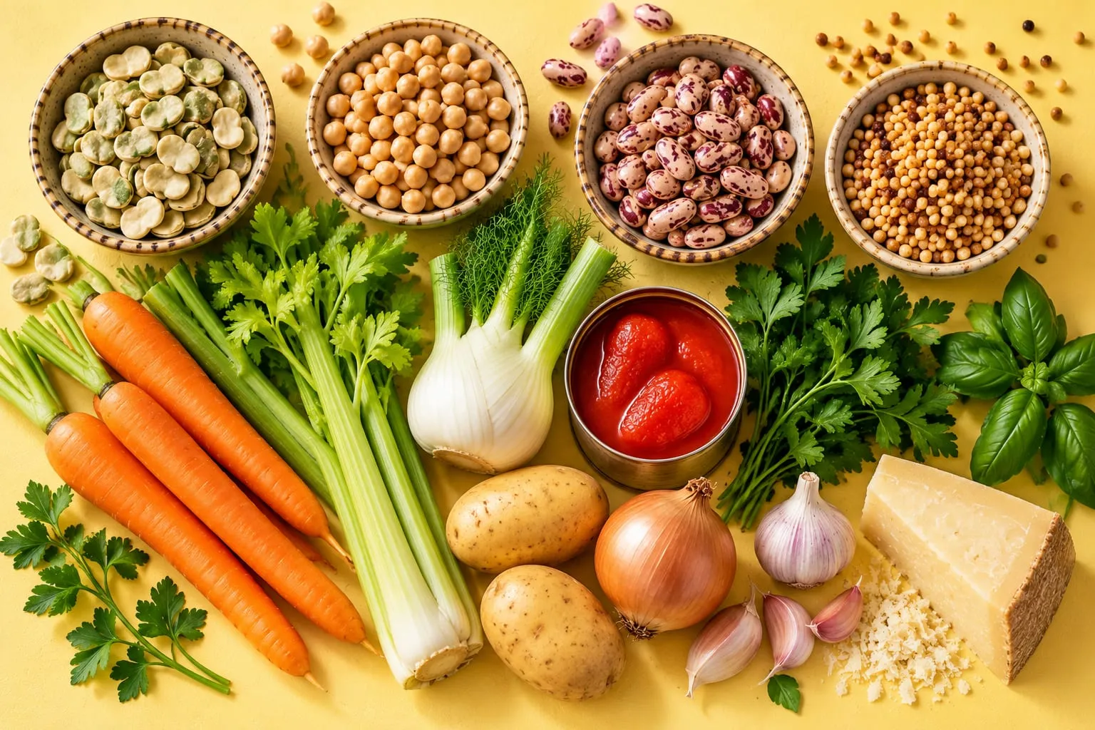 Suroviny na minestrone: boby, cizrna, fazole, fregola, zelenina a pecorino