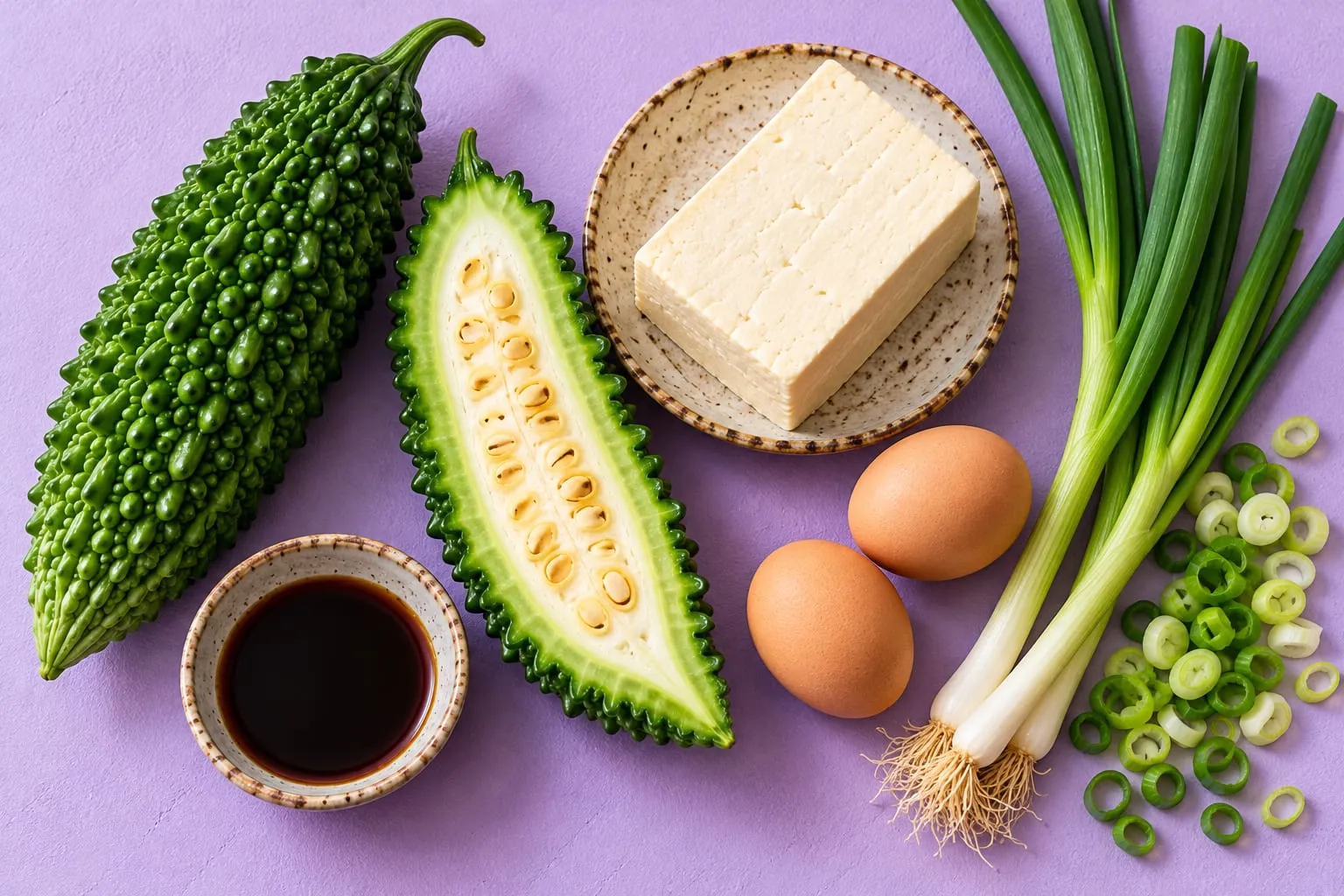 Suroviny na goya champuru: hořká okurka, tofu, vejce a jarní cibulka