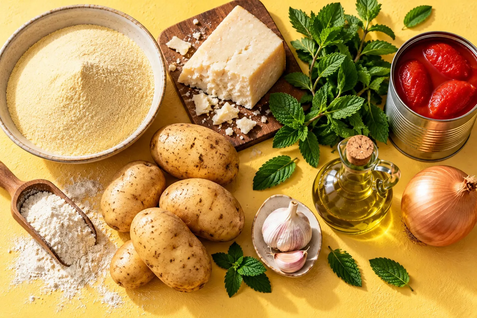 Suroviny na culurgiones: krupice, brambory, pecorino a máta