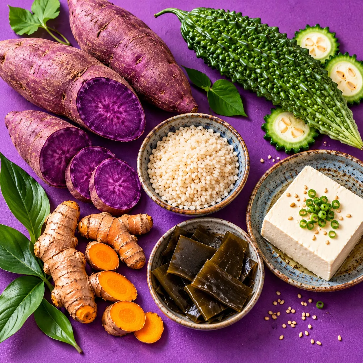 Fialové batáty, hořká okurka goya, tofu a mořská řasa